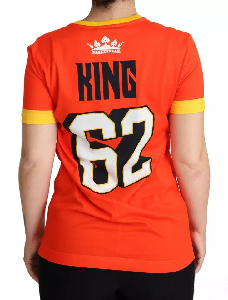 Orange shirt with white lettering and number