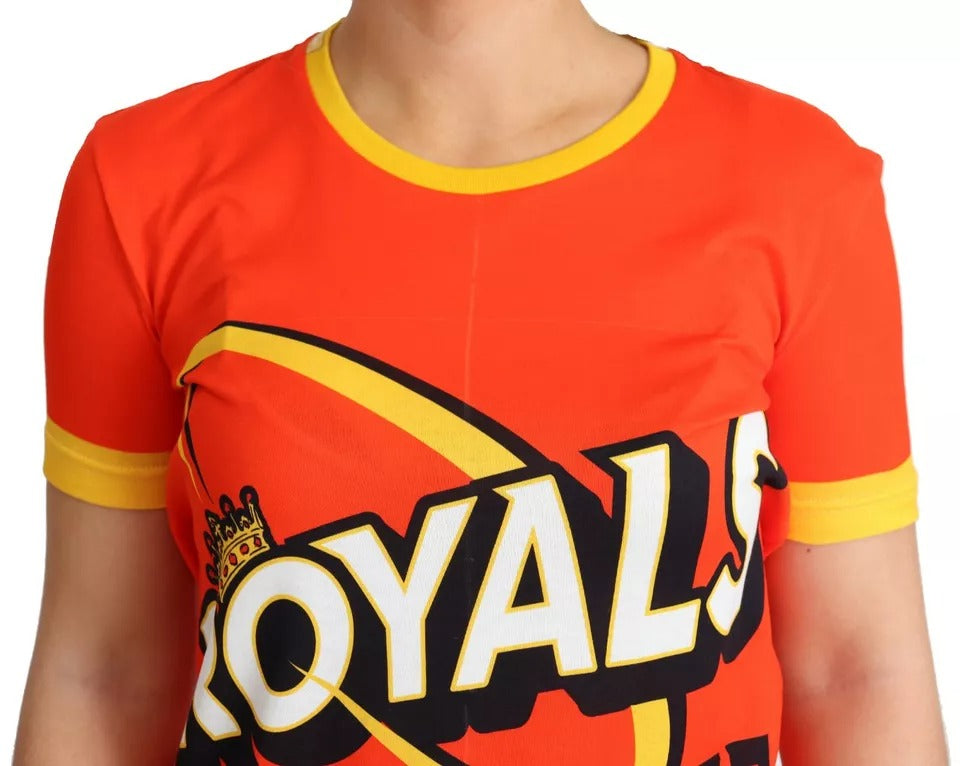 Short sleeved red t-shirt with yellow trim and a logo on front