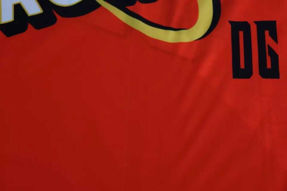 Red jersey with white lettering and number