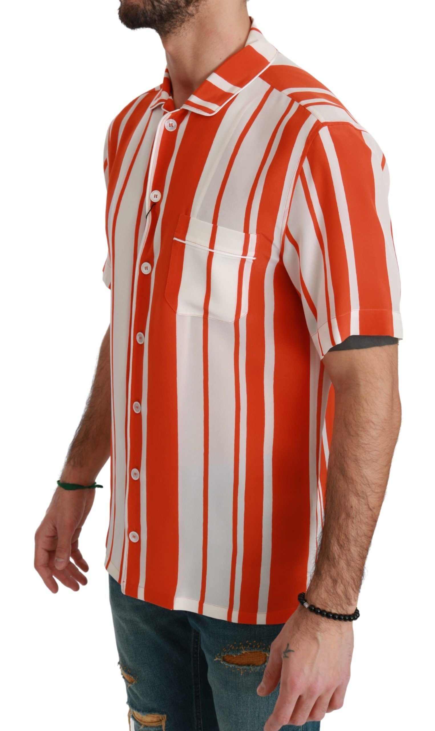 Man wearing red and white striped shirt