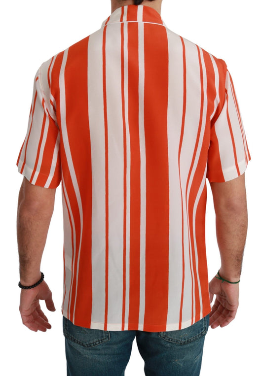 Red and white striped shirt on man's back