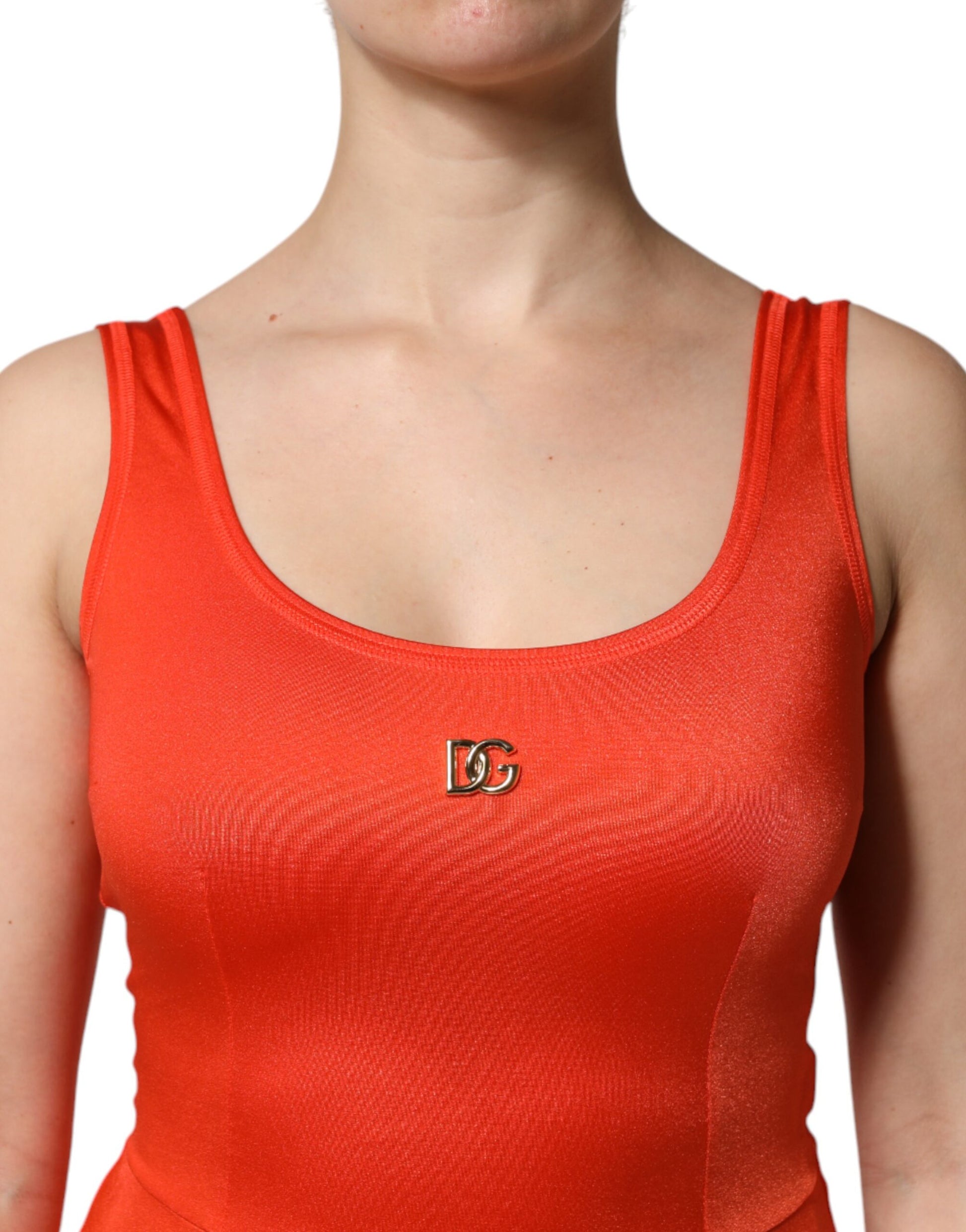 Red sleeveless bodycon jumpsuit dress with logo on chest