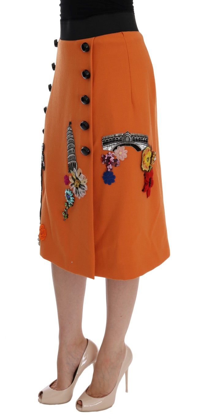 Orange skirt with embroidered design on waistband