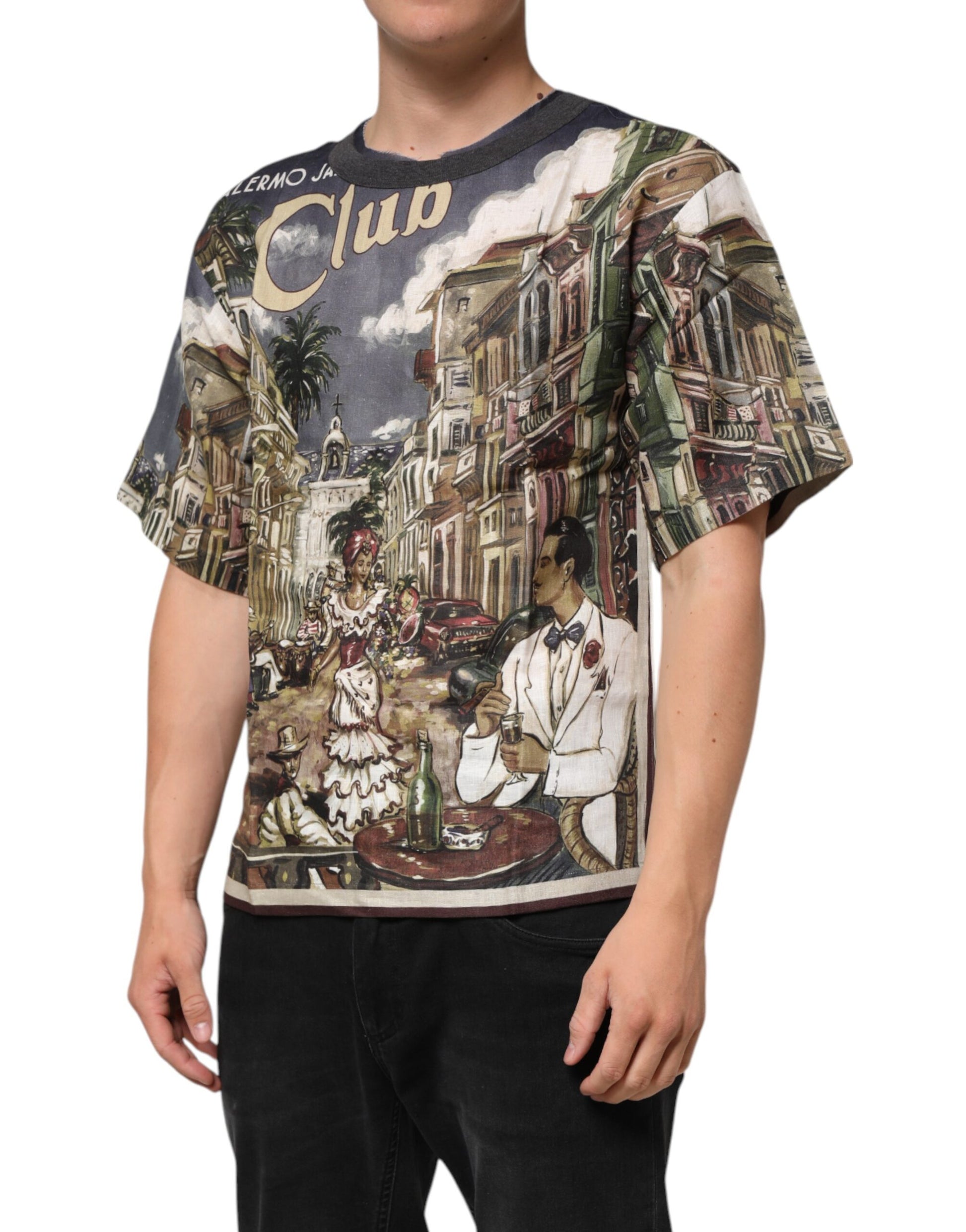 Man wearing graphic t-shirt with cityscape design