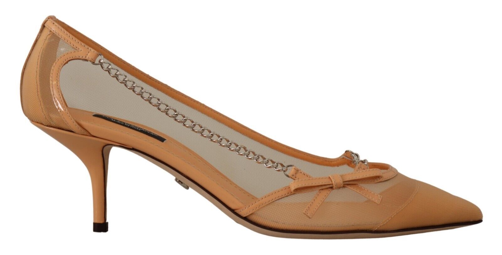 Tan high heel shoe with embellishments and strap detailing