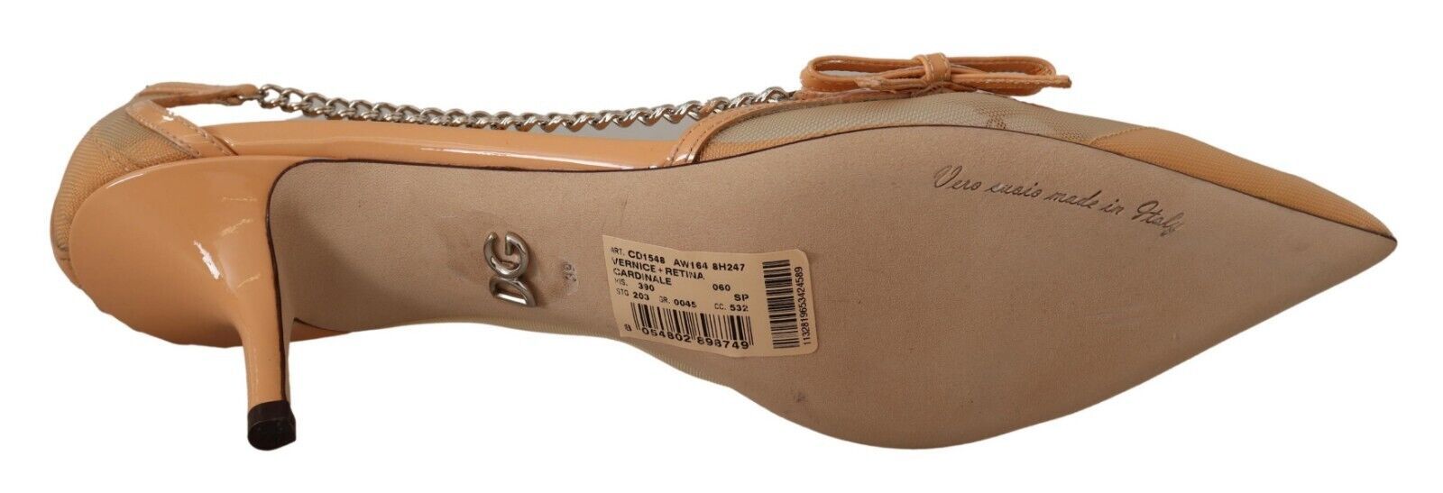 Pair of women's high heel shoes with straps and a chain detail