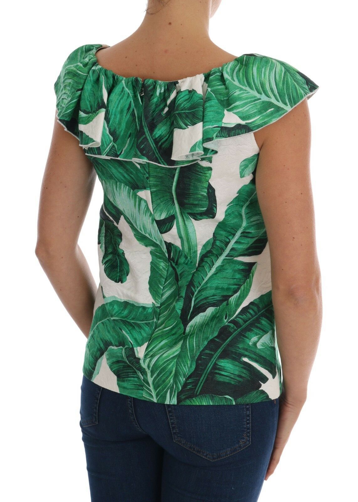 Green and white top with palm leaf pattern