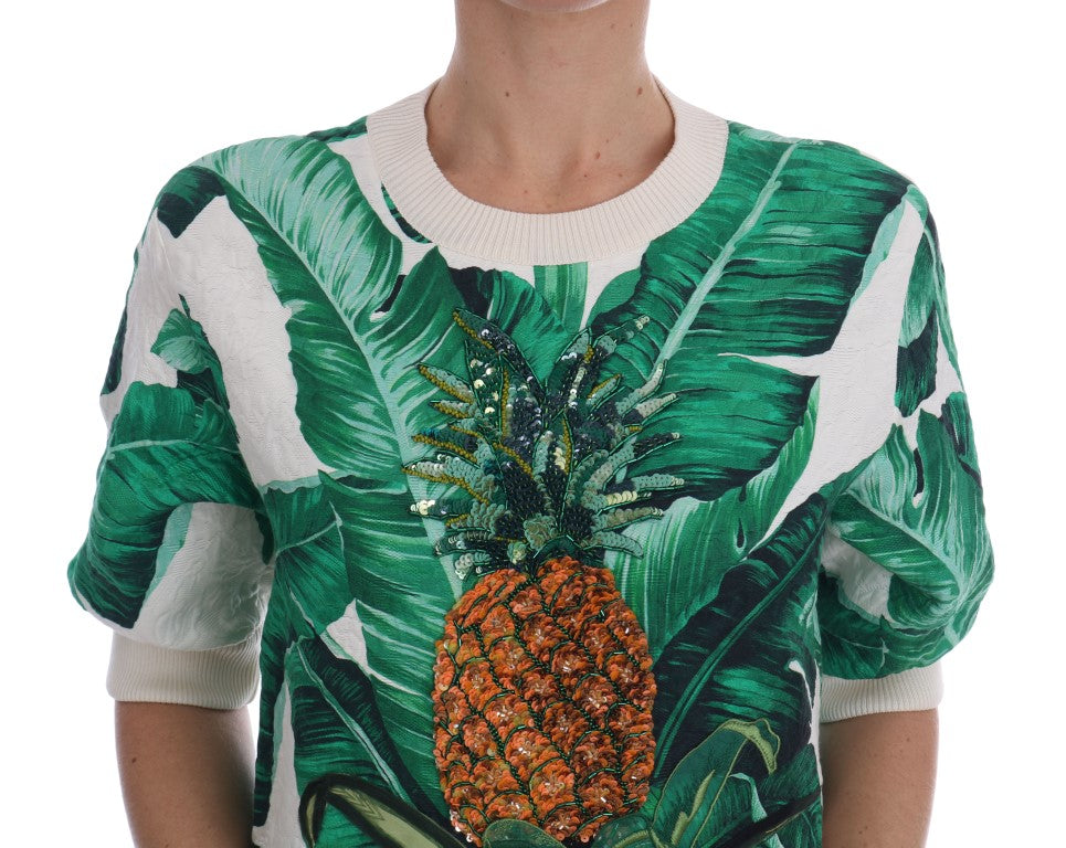 Sweater with tropical leaf pattern and pineapple design