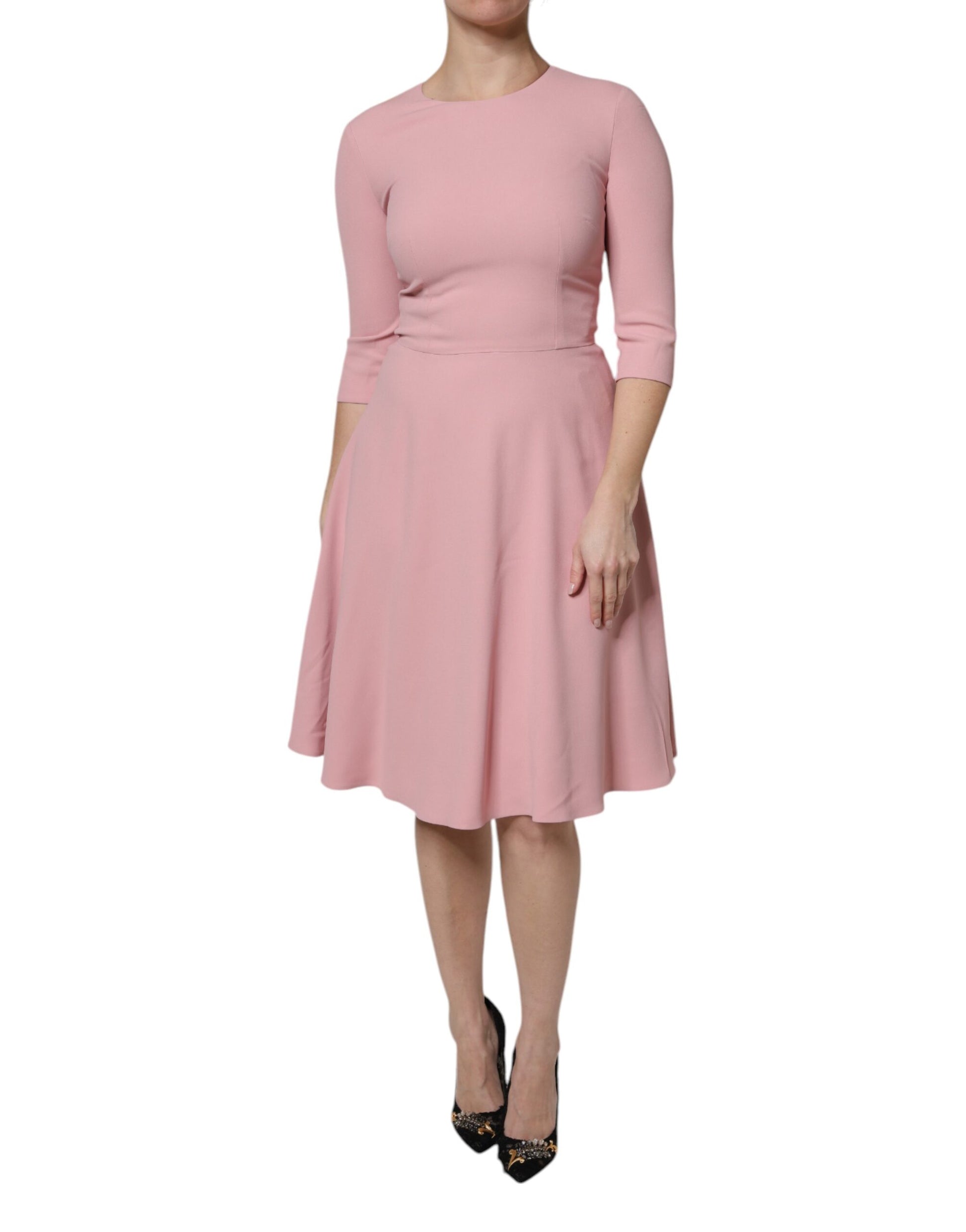Pink A-line flare dress with viscose fabric and 3/4 sleeves