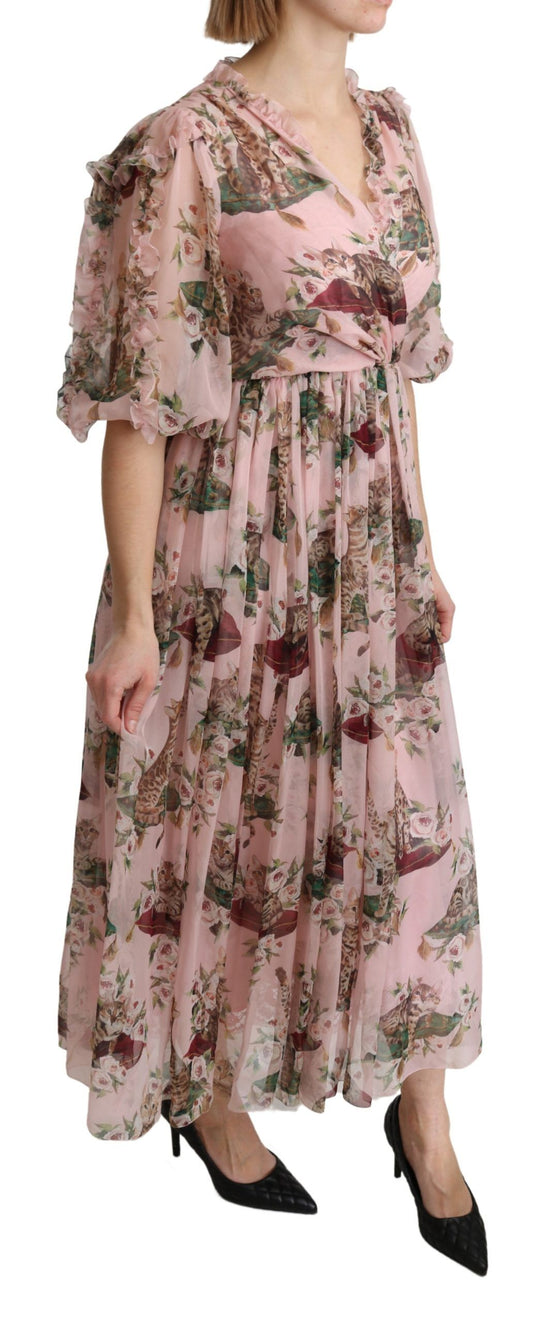 Long pink floral dress with ruffled sleeves and hem