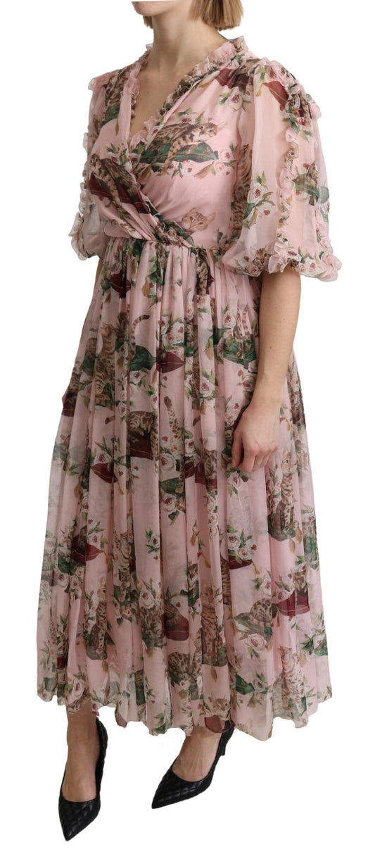 Pink floral print maxi dress with ruffled sleeves