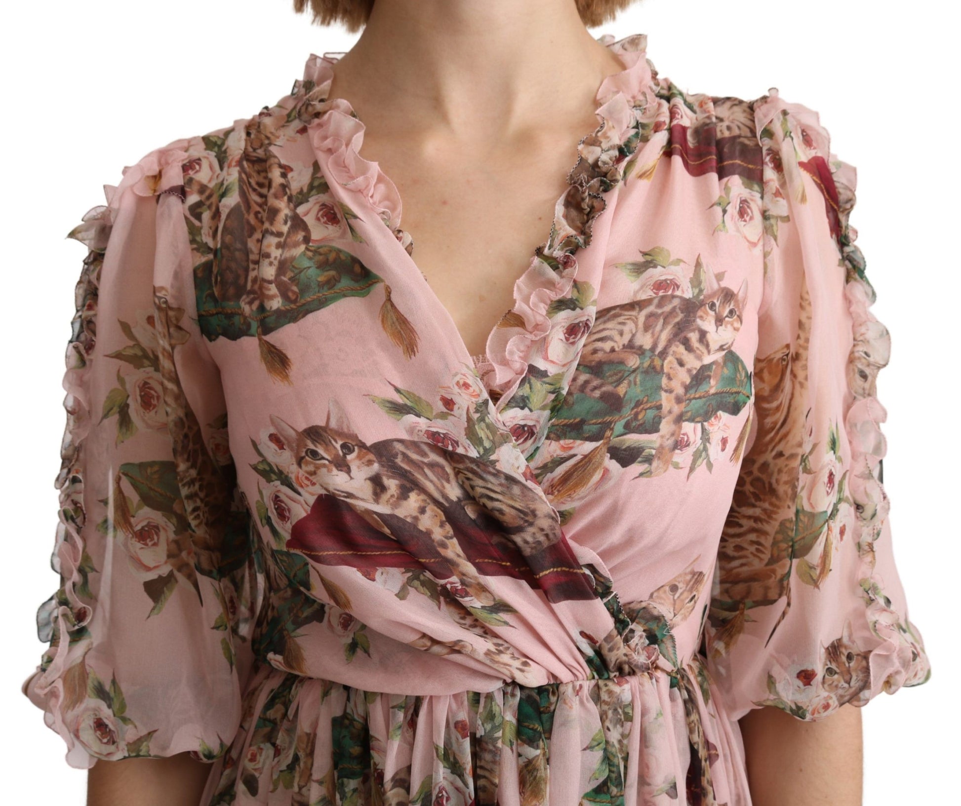 Pink floral print maxi dress with ruffled sleeves