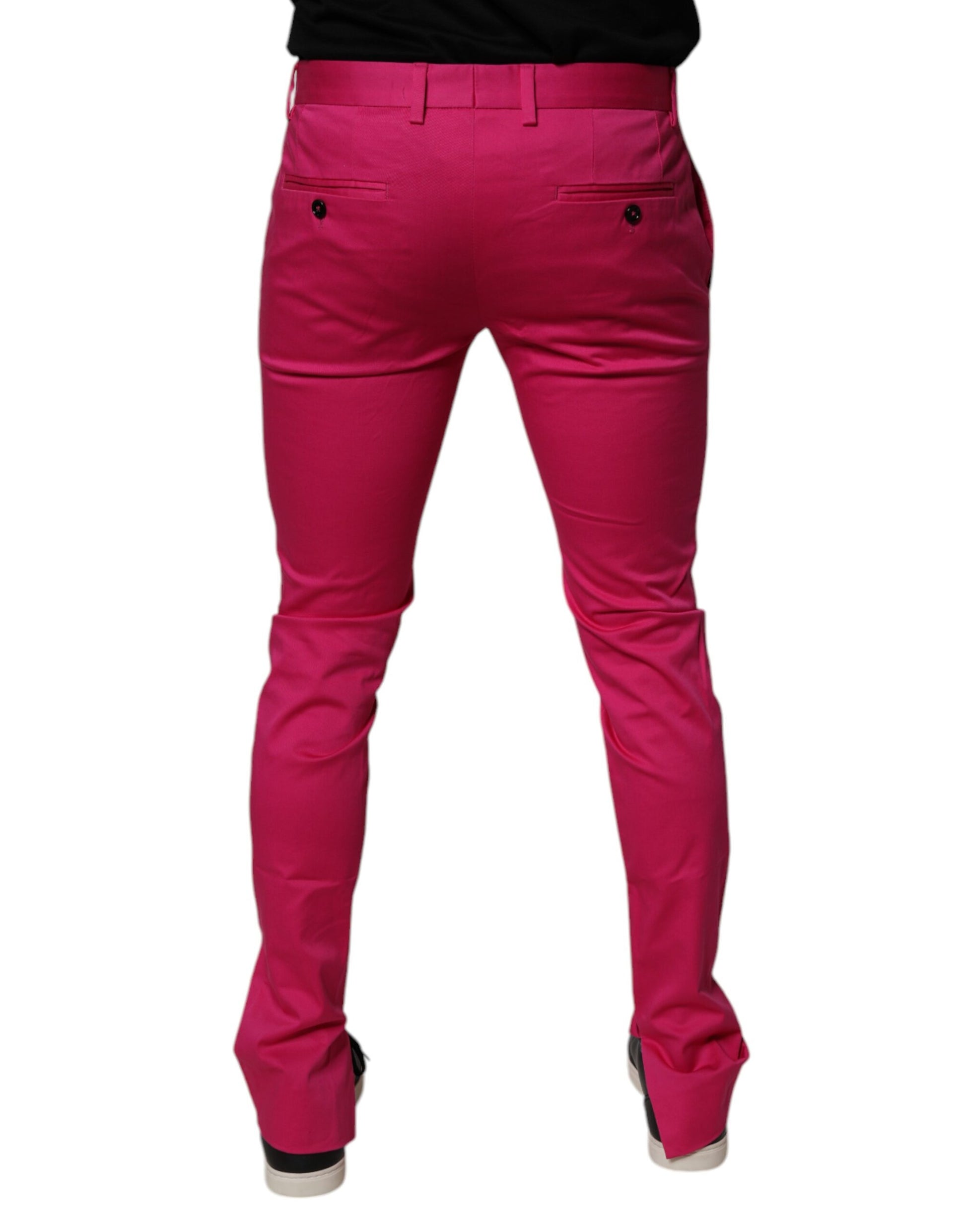 Pair of pink slim fit men's dress pants with black stripes