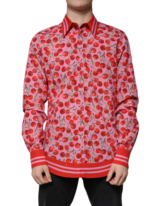 Red shirt with cherry print, long sleeves, and collar