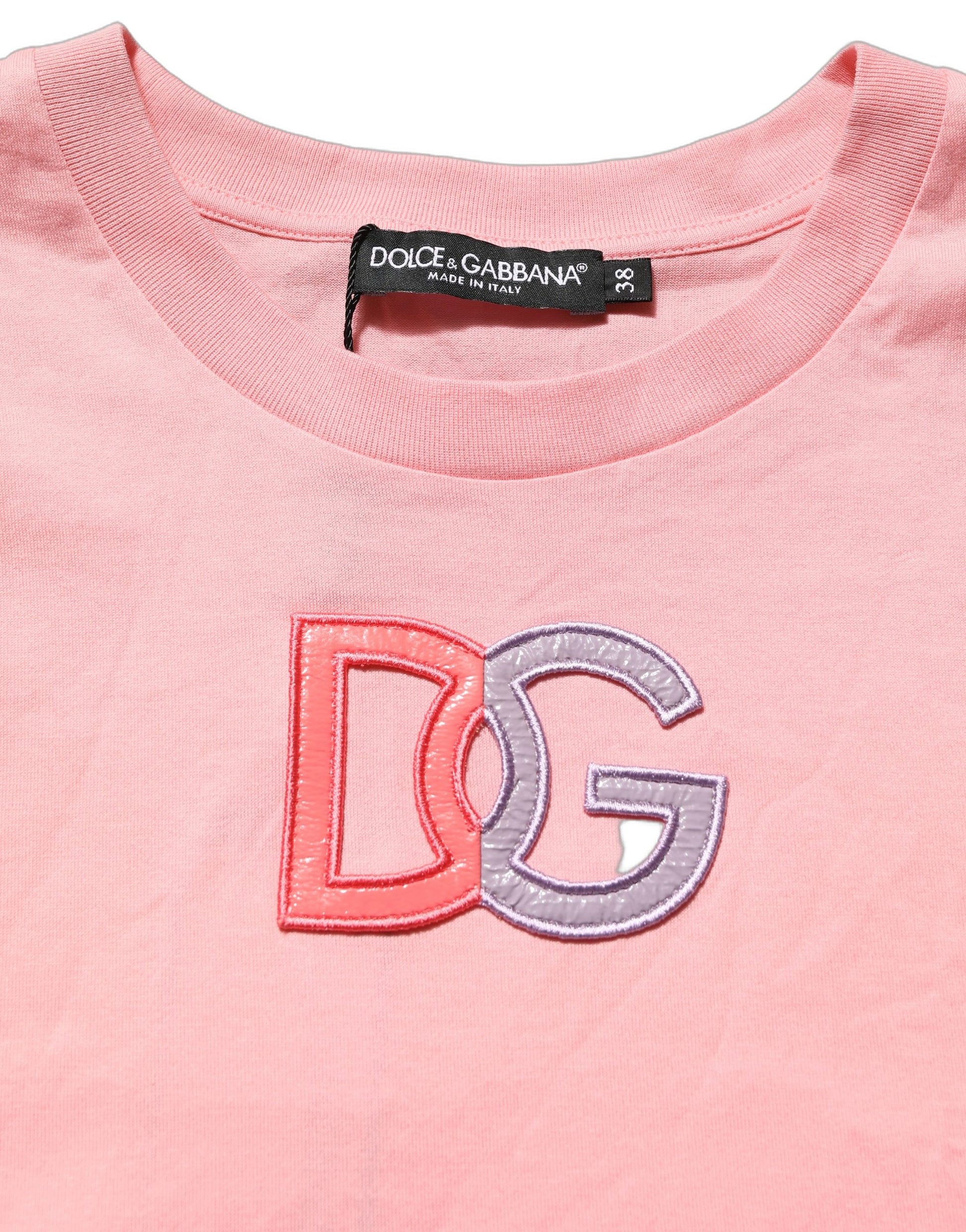 A pink cotton tank top with a round neck and the Dolce & Gabbana logo embroidered on the front