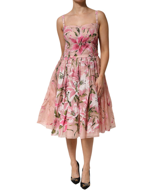 A pink floral pleated dress with short sleeves, designed by Dolce & Gabbana