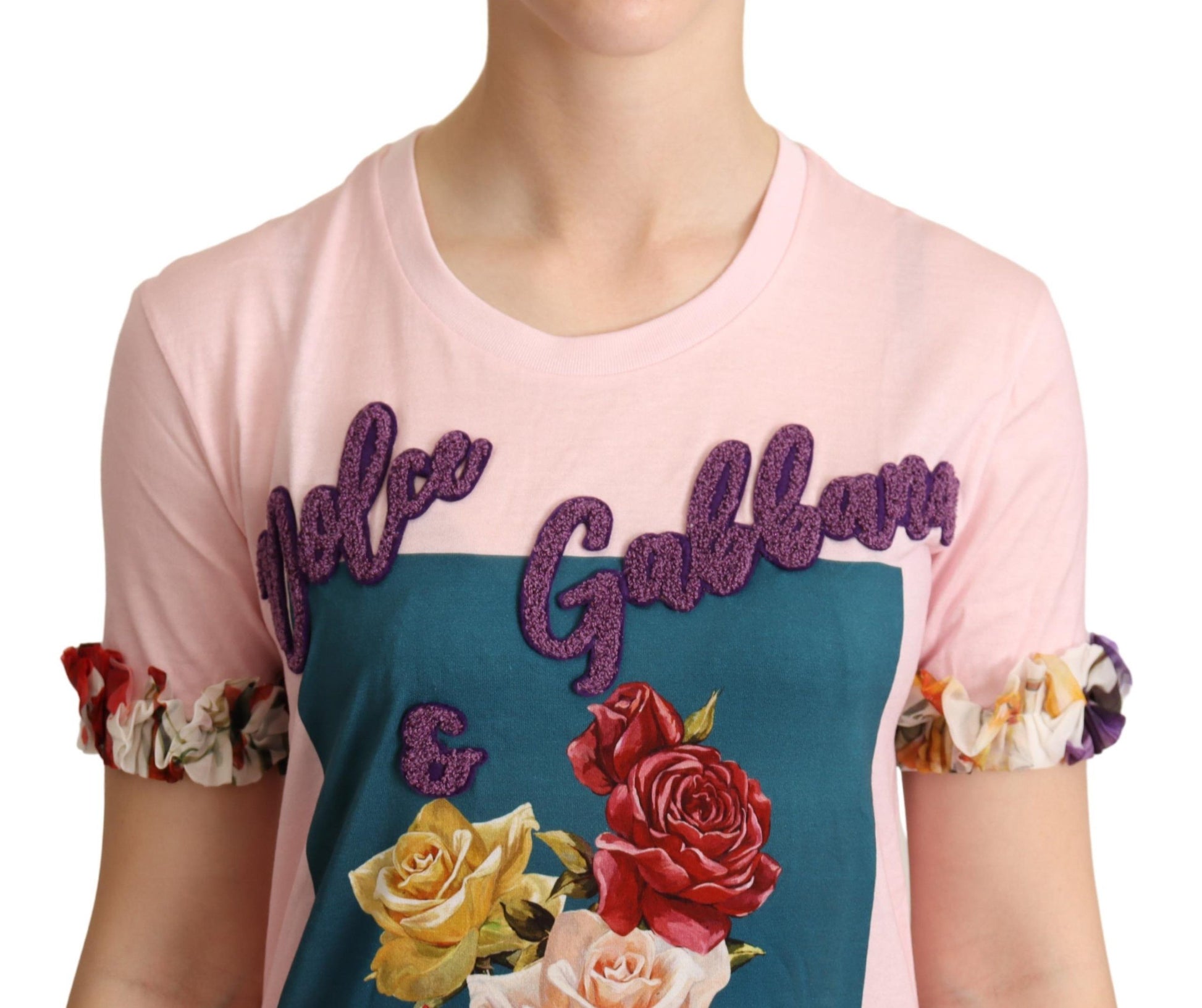 Pink floral graphic t-shirt with embroidered roses on front