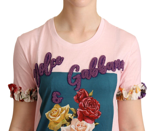 Pink floral graphic t-shirt with embroidered roses on front