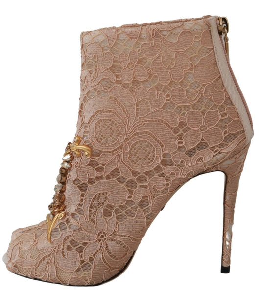 High heel boot with lace design and gold accents