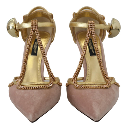 Pair of women's shoes with gold accents and pink heels