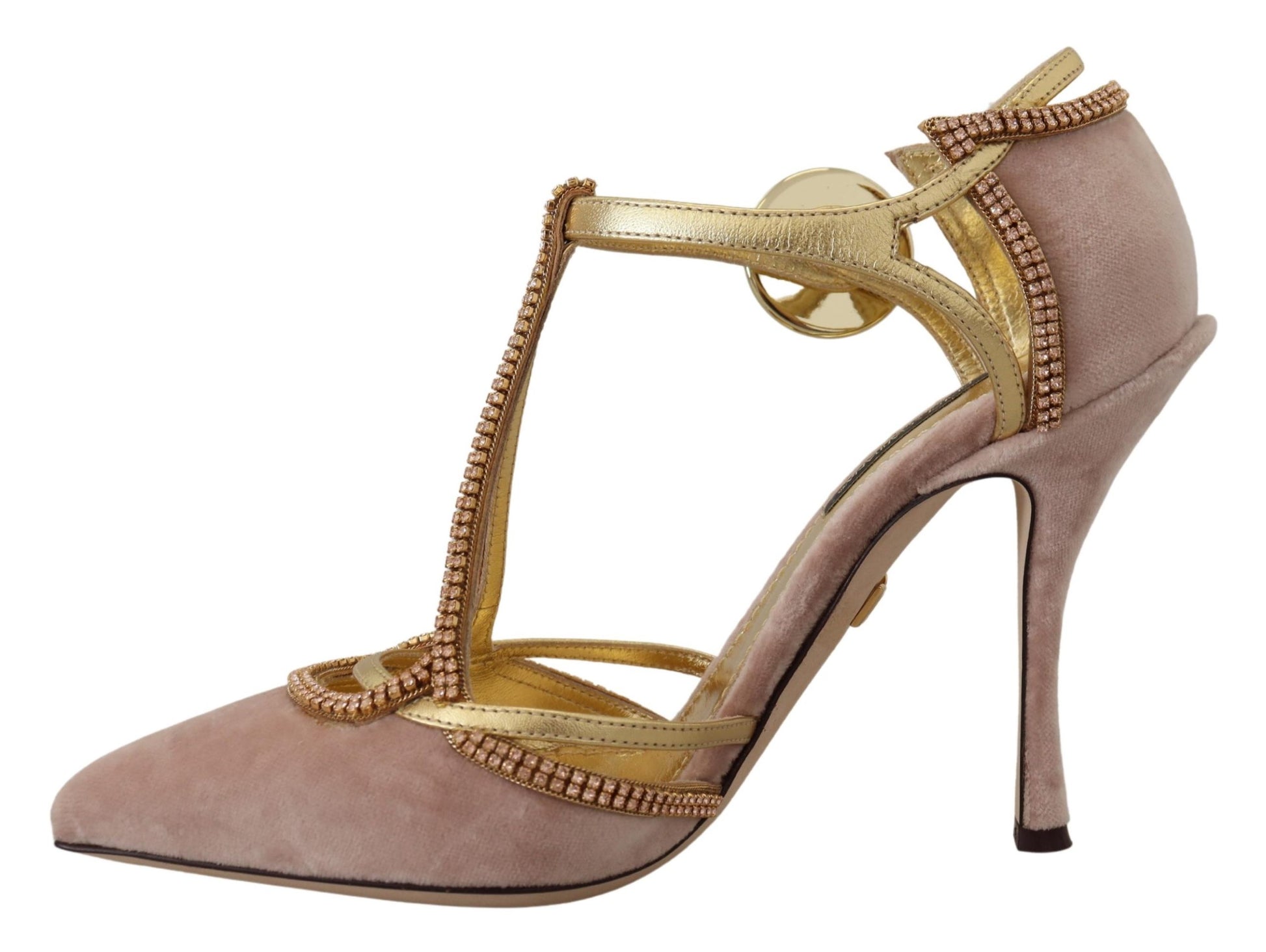 Pink high heel shoe with gold accents and embellishments