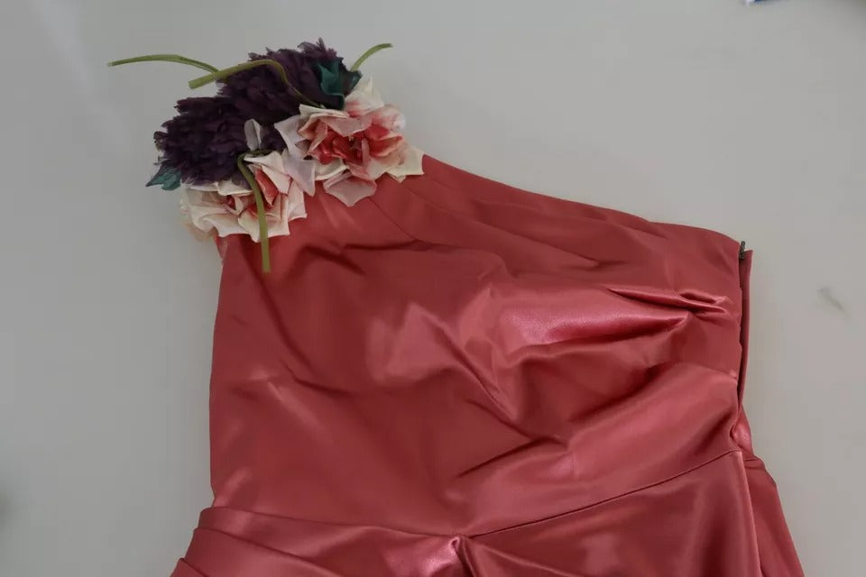 A red midi dress with a floral applique on the bodice and sleeves