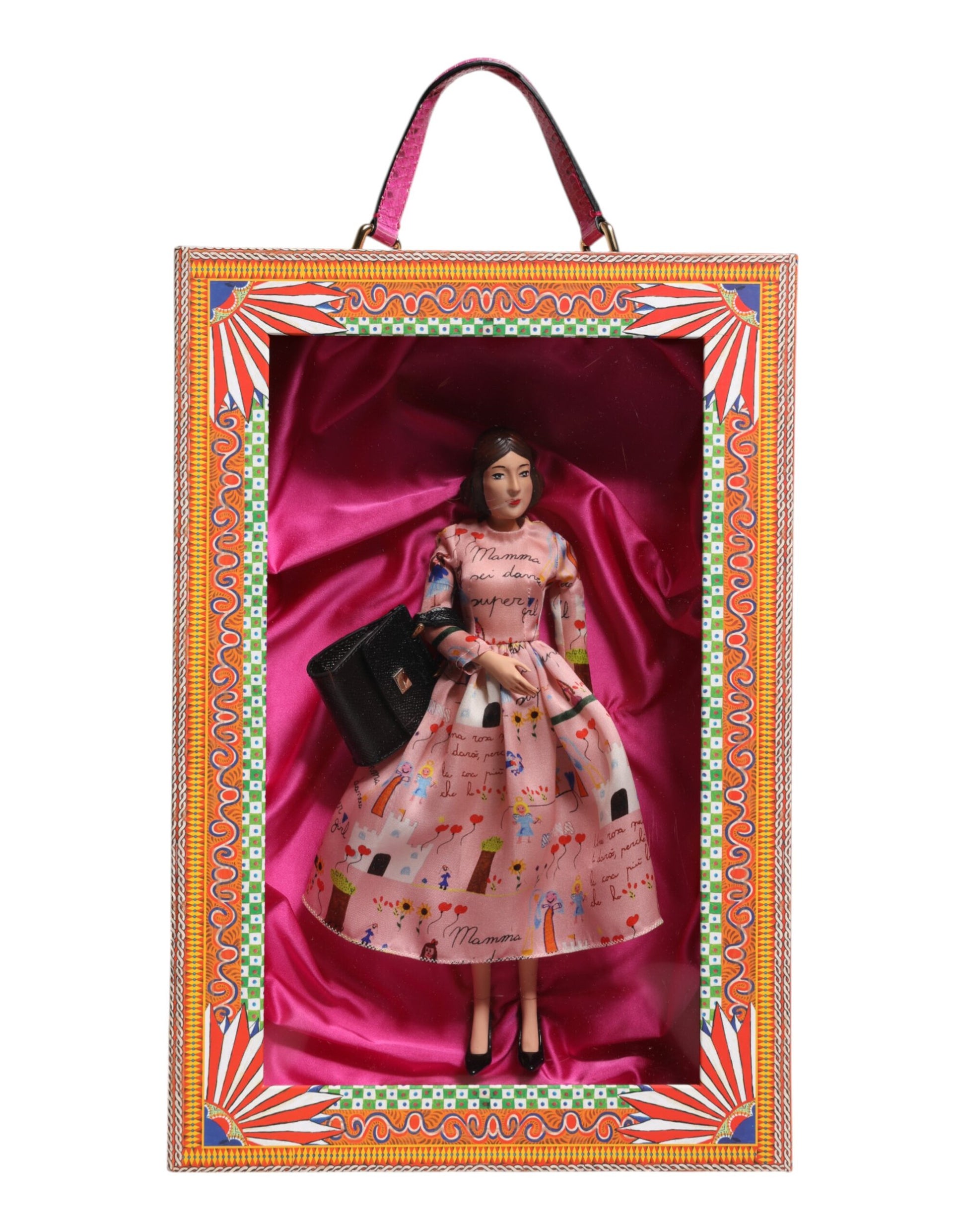 A porcelain doll wearing a pink dress with floral pattern, designed by Dolce & Gabbana