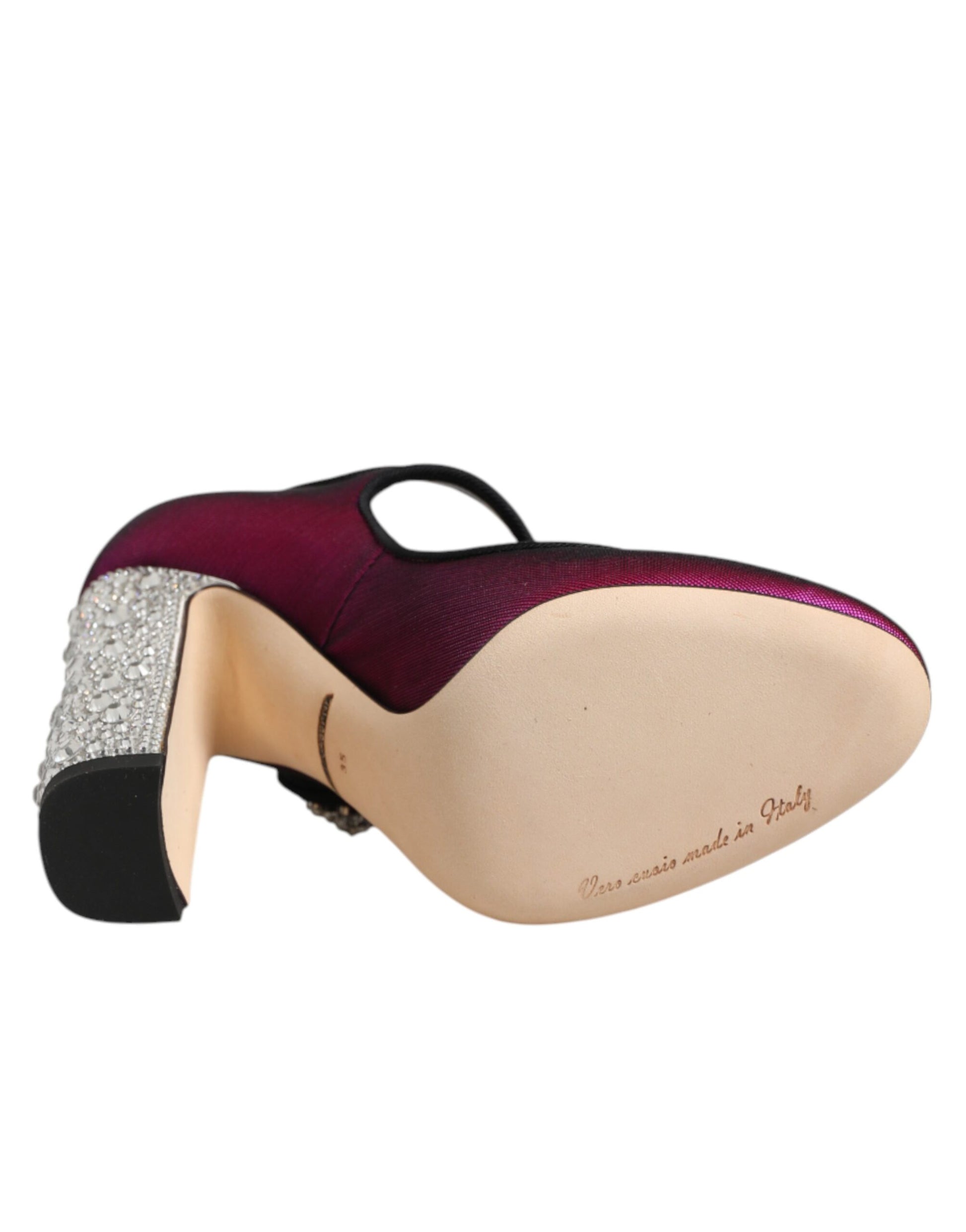 High heel shoe with a purple toe cap and a tan strap