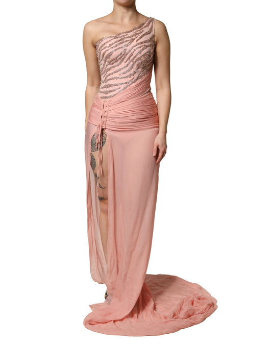 A pink embellished one shoulder maxi dress by Dolce & Gabbana