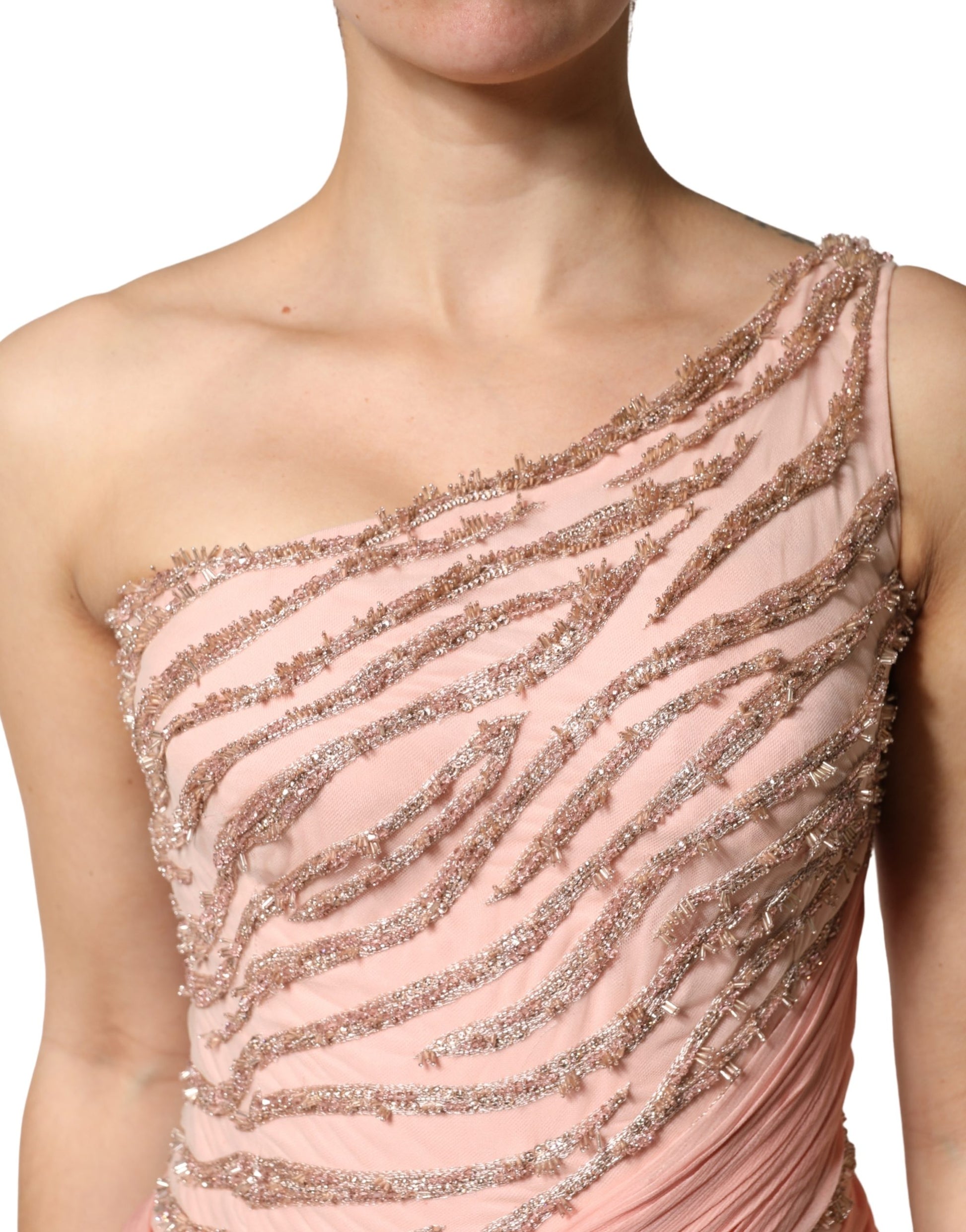 Pink embellished one shoulder maxi dress with ruffled detailing