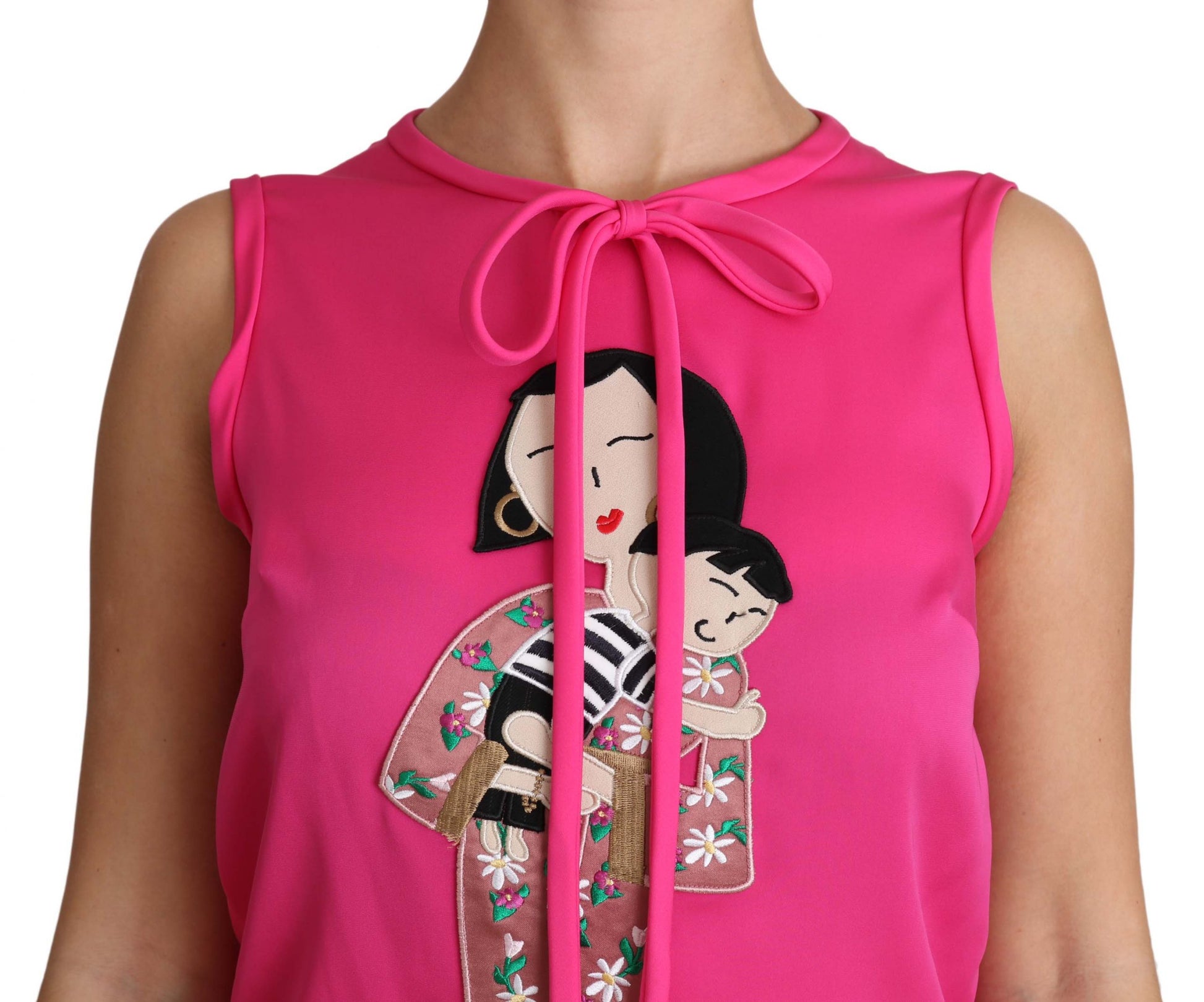 Pink tank top with embroidered illustration of woman holding child