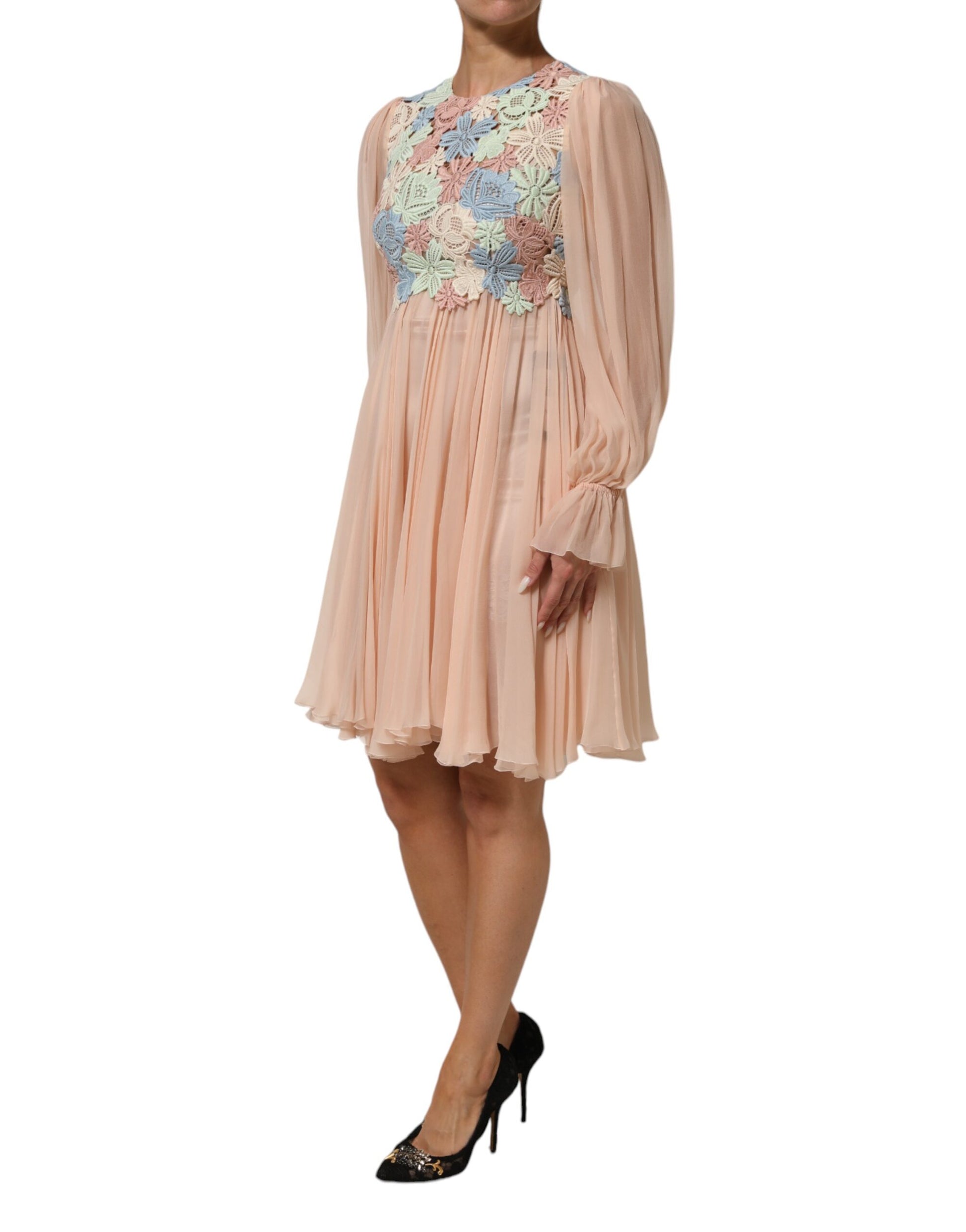 Pink floral embroidered pleated dress with long sleeves and high neck