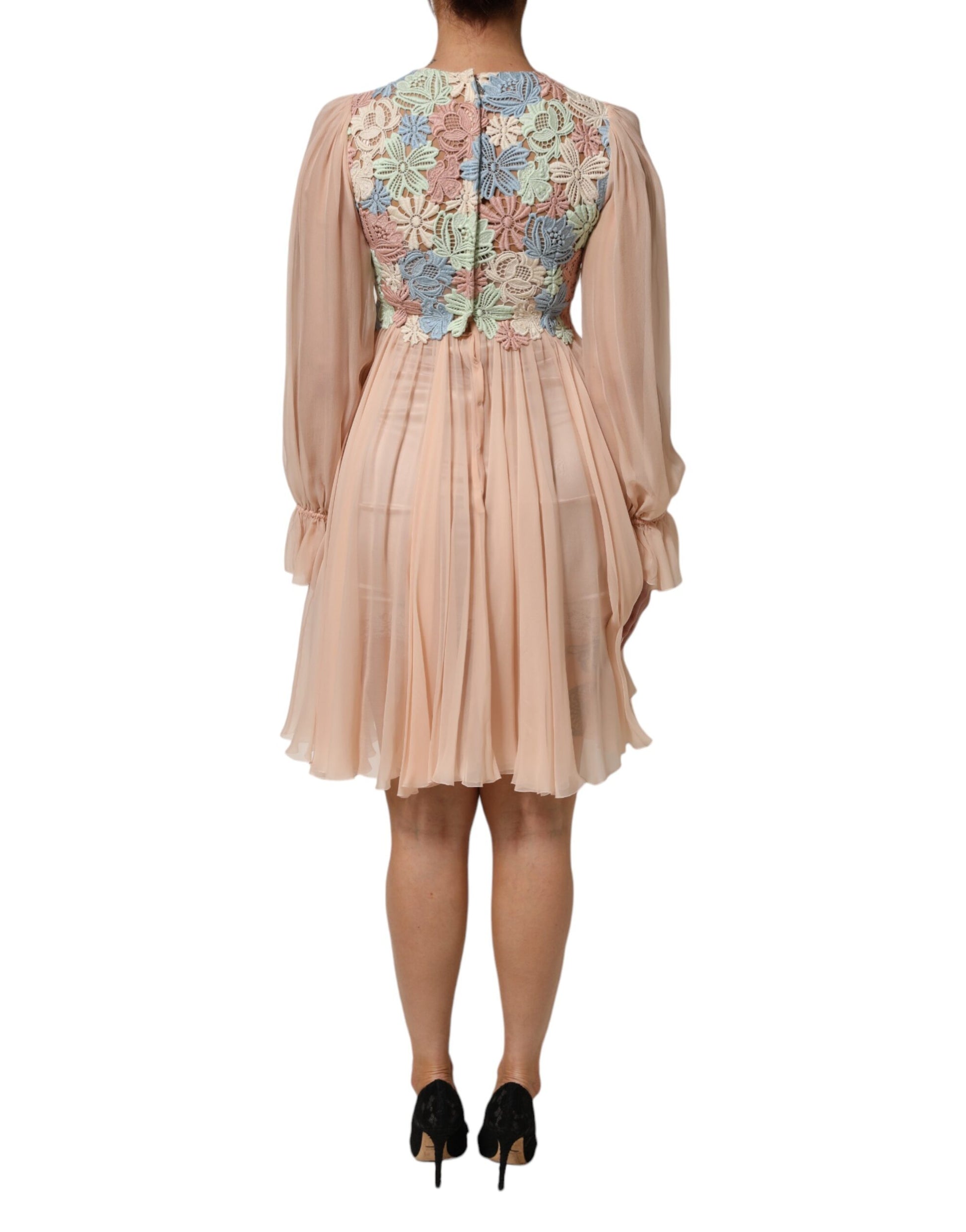 Pink floral embroidered pleated dress with long sleeves and high neck