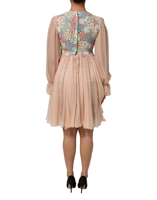 Pink floral embroidered pleated dress with long sleeves and high neck