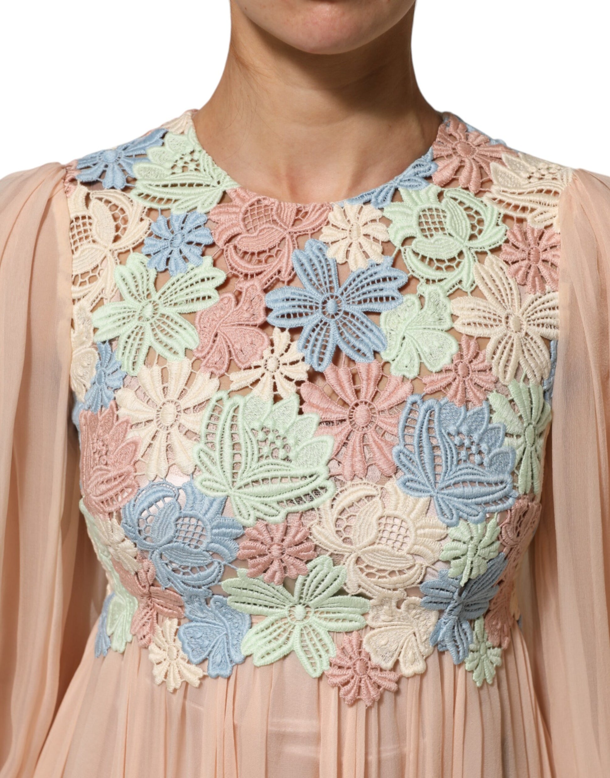 Pink floral embroidered pleated dress by Dolce & Gabbana