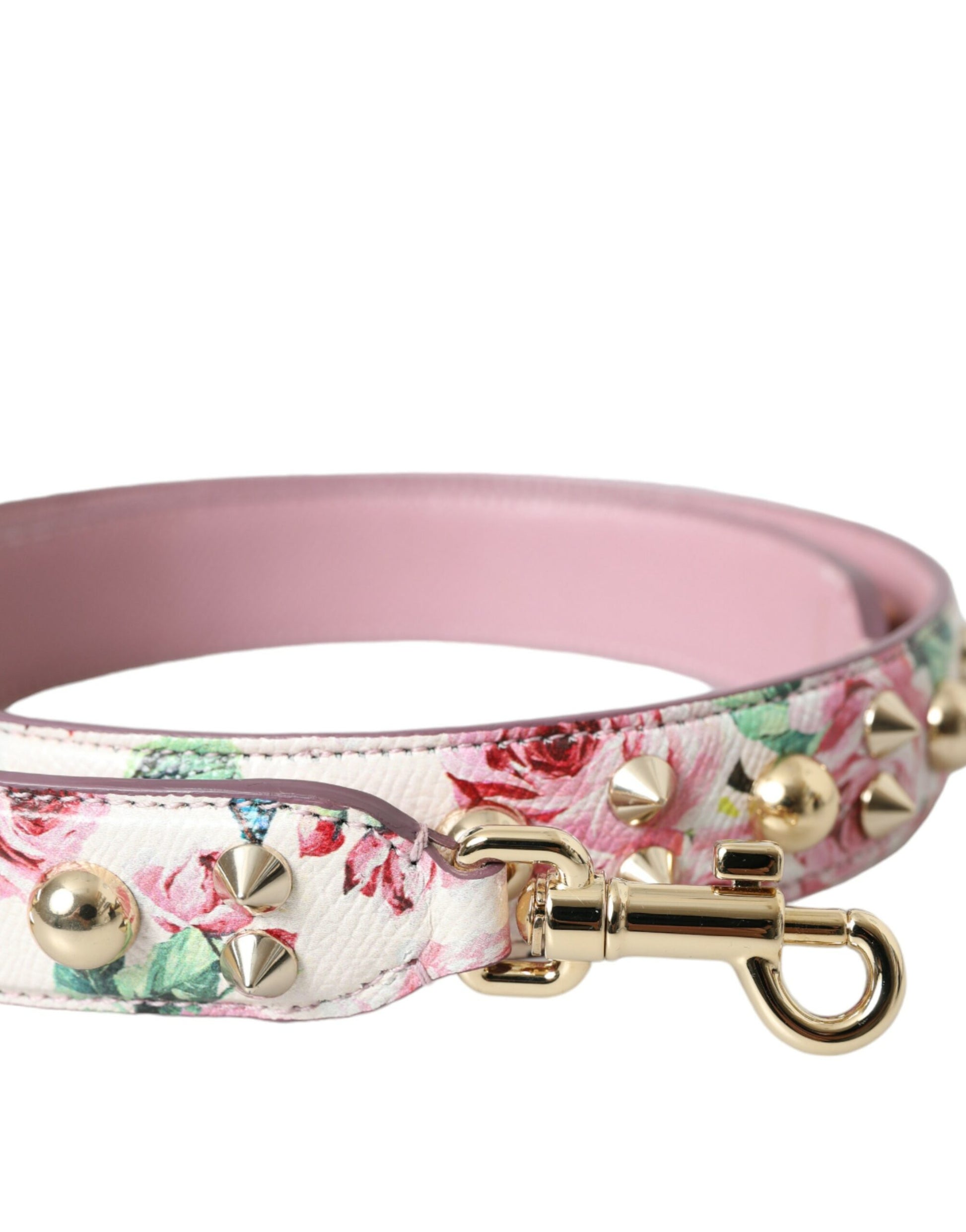 Pink floral dog collar with gold studs and a buckle