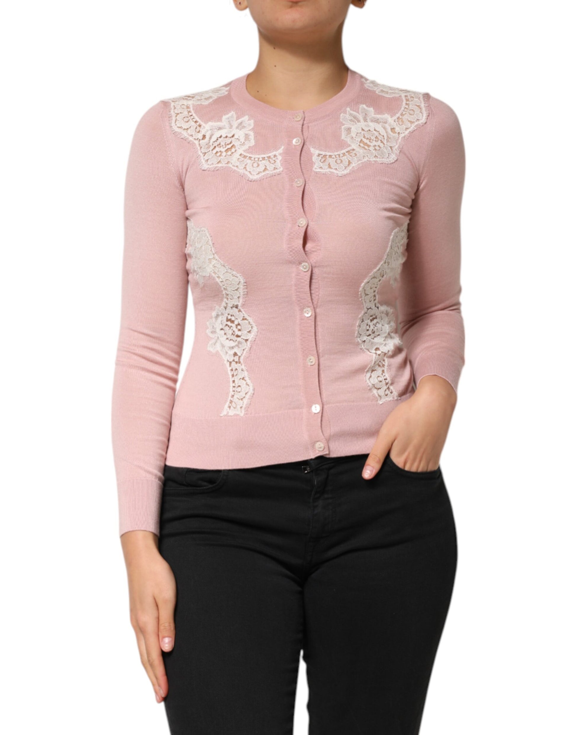 Woman wearing pink lace top
