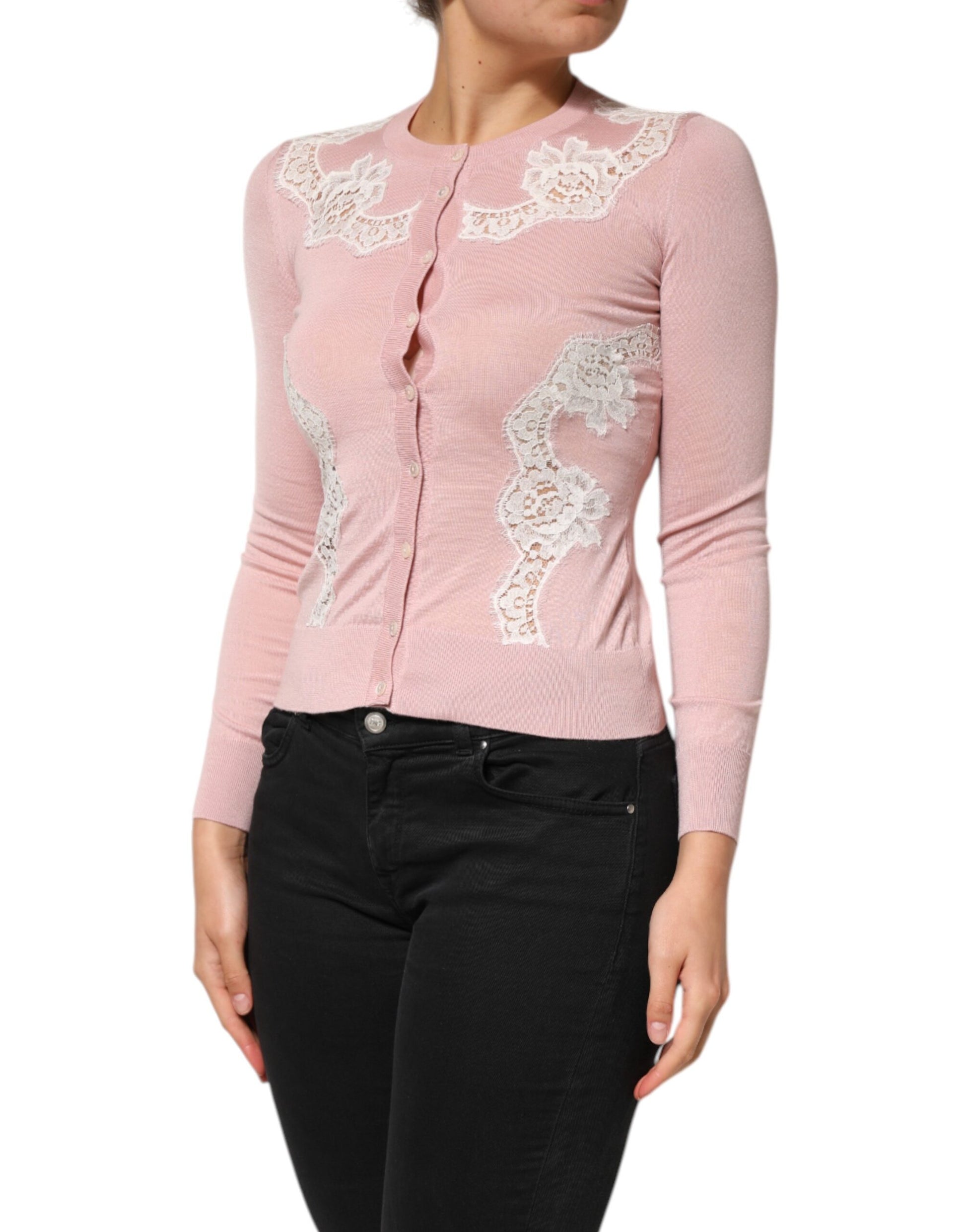 Woman wearing pink lace top