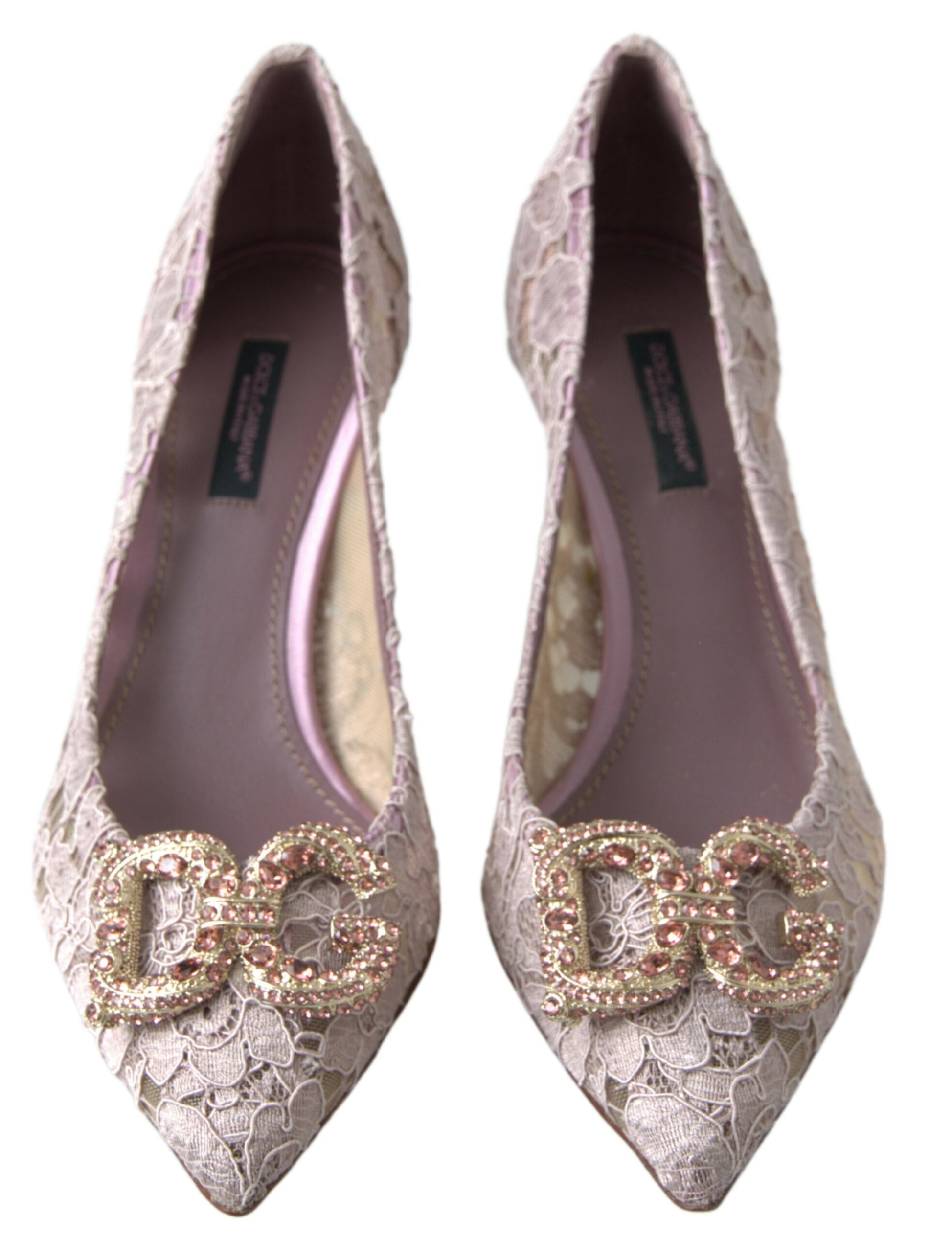 Pair of women's shoes with embellished heels and lace detailing