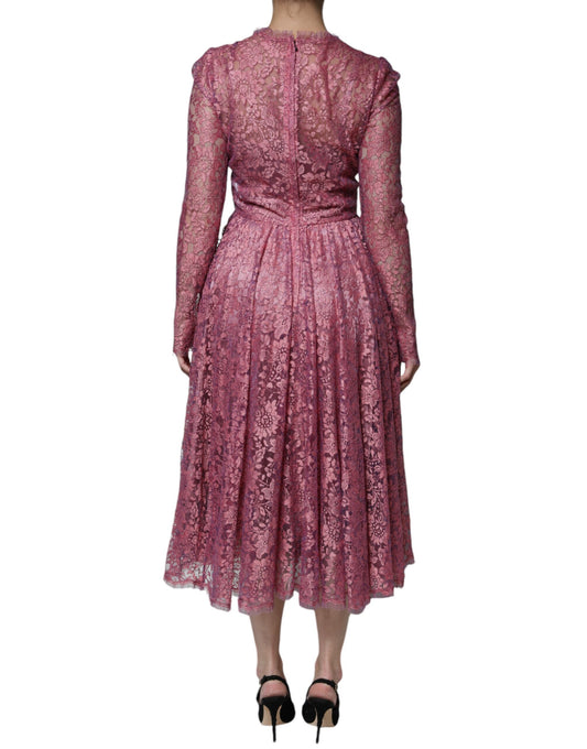 A long sleeved pink floral lace midi dress with a high neckline and back detail