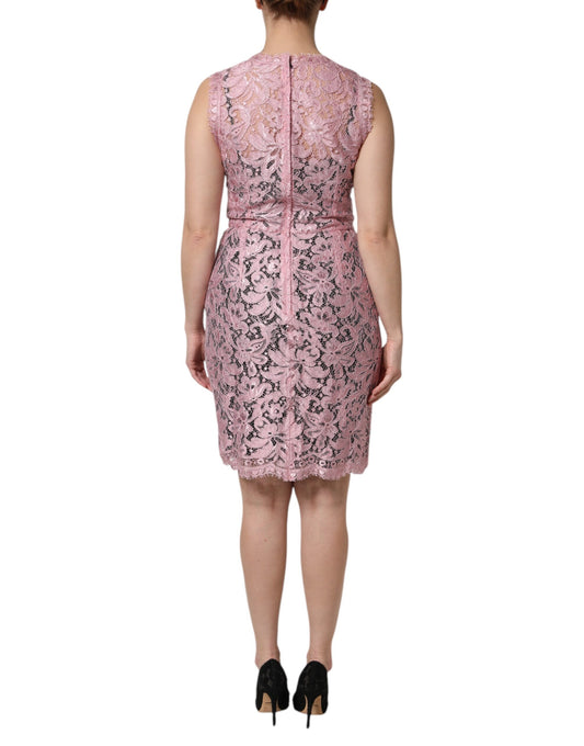 A sleeveless pink floral lace dress with a sheath silhouette