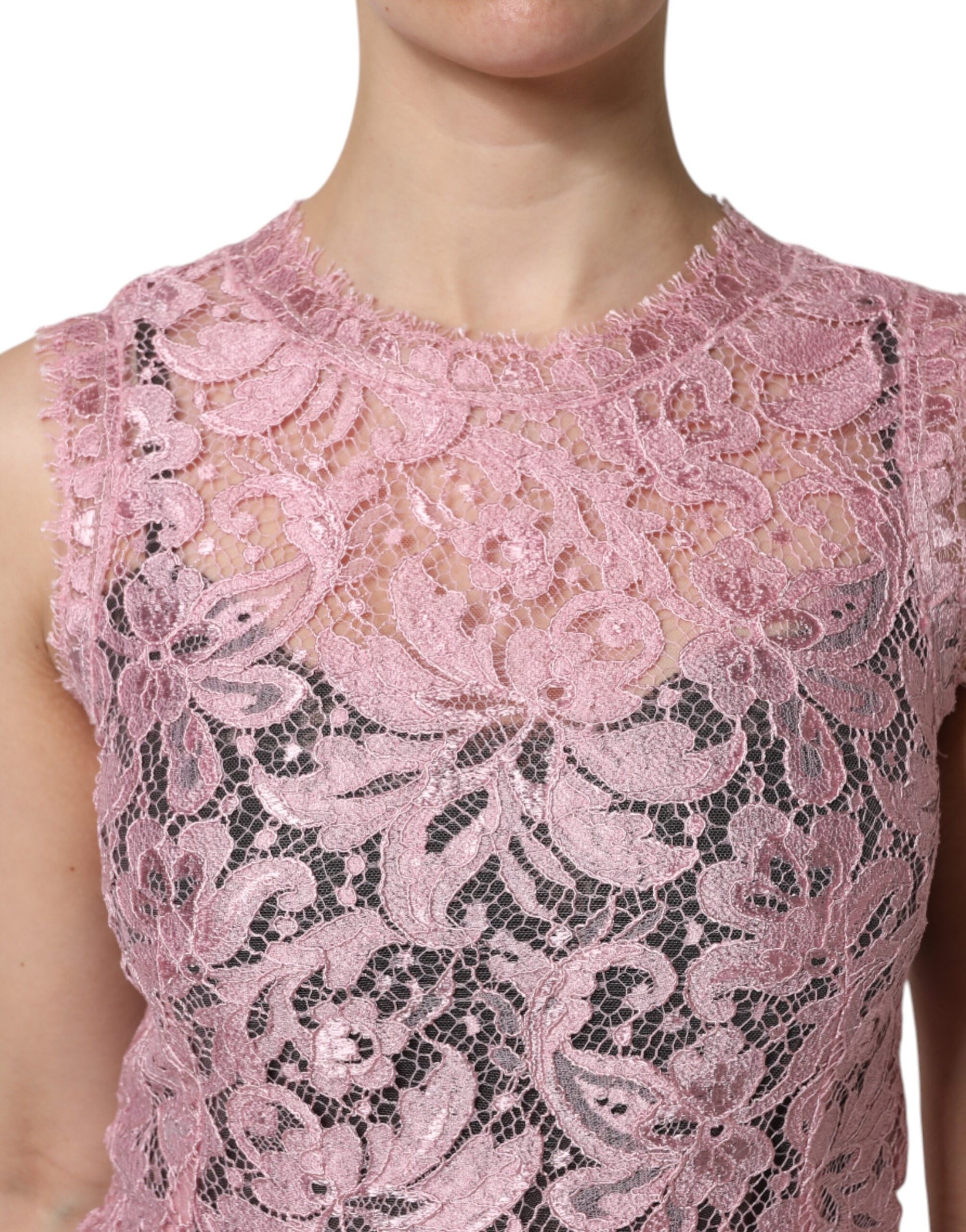 A pink floral lace sleeveless sheath dress by Dolce & Gabbana