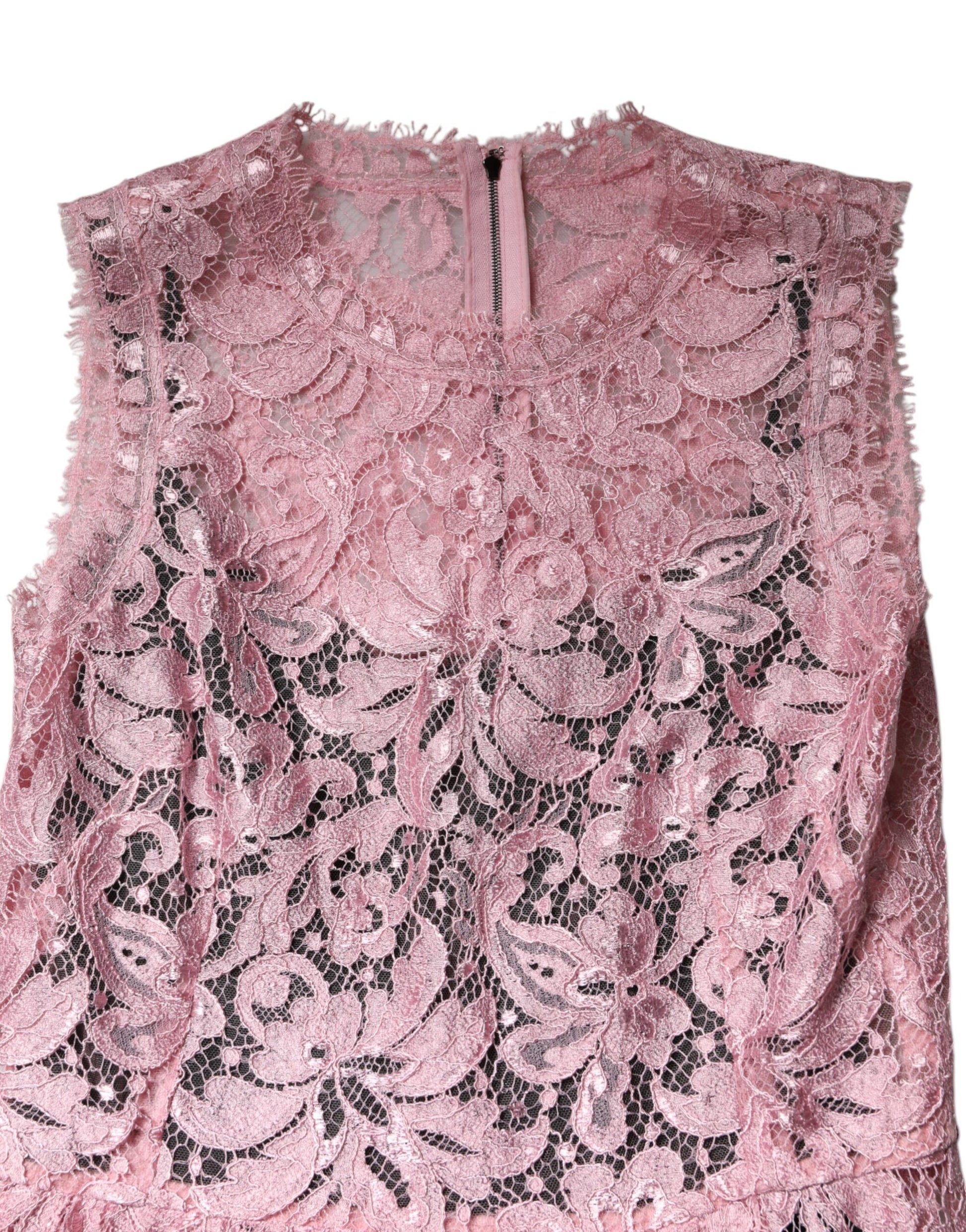 Pink floral lace sleeveless sheath dress with embellished neckline