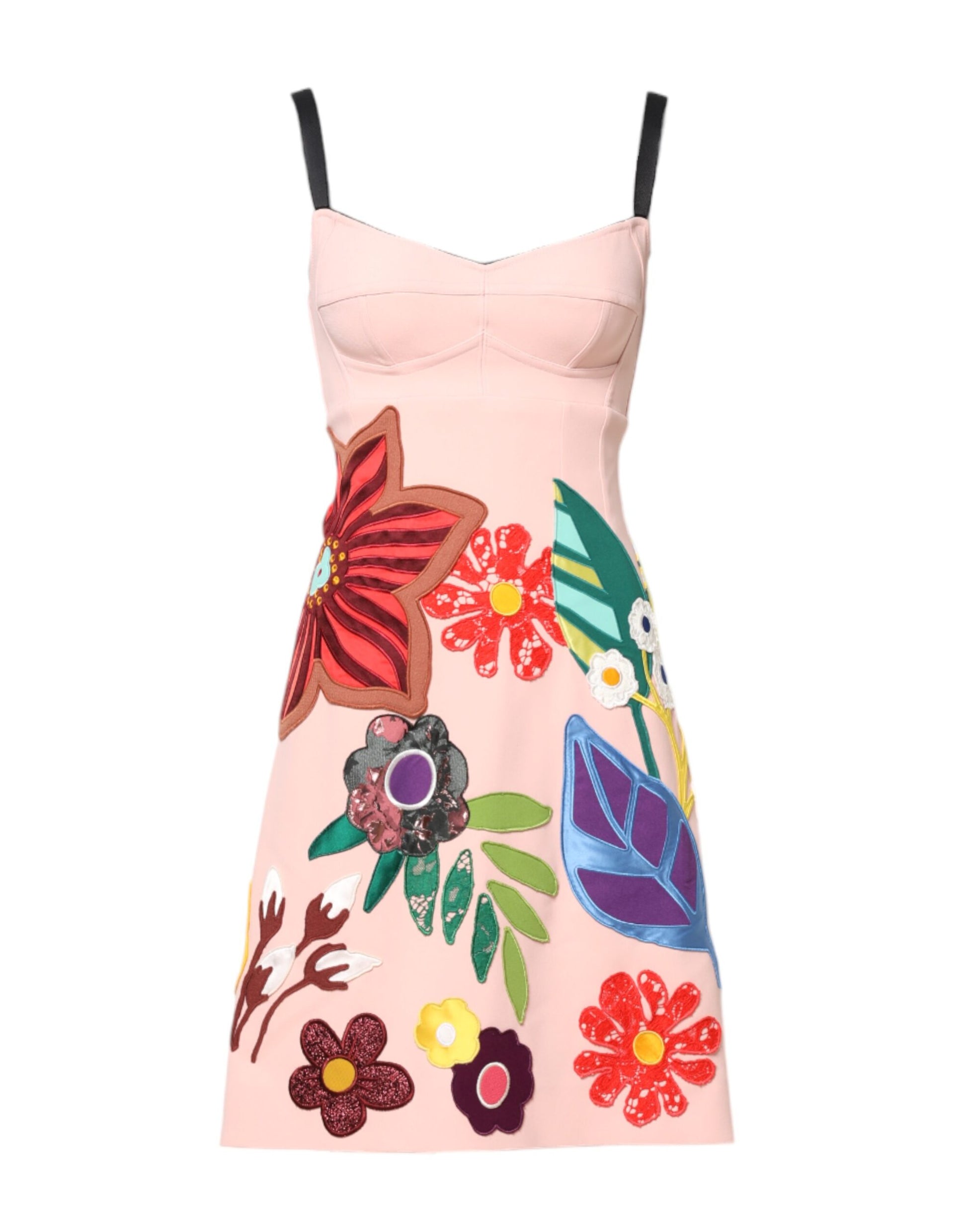 Pink floral print spaghetti strap mini dress with colorful flowers and leaves