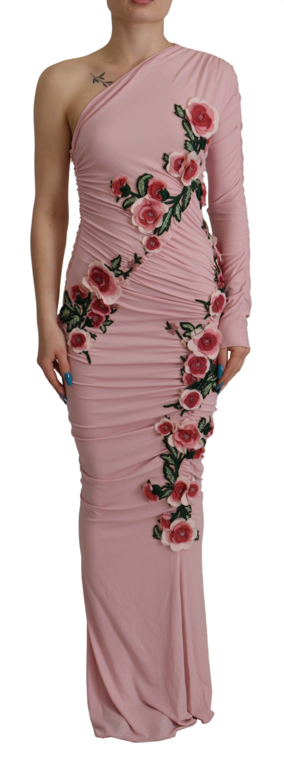 Pink strapless dress with floral pattern on bodice