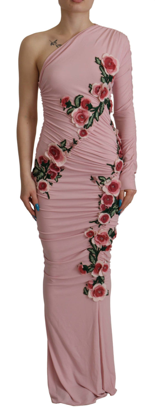 Pink strapless dress with floral pattern on bodice