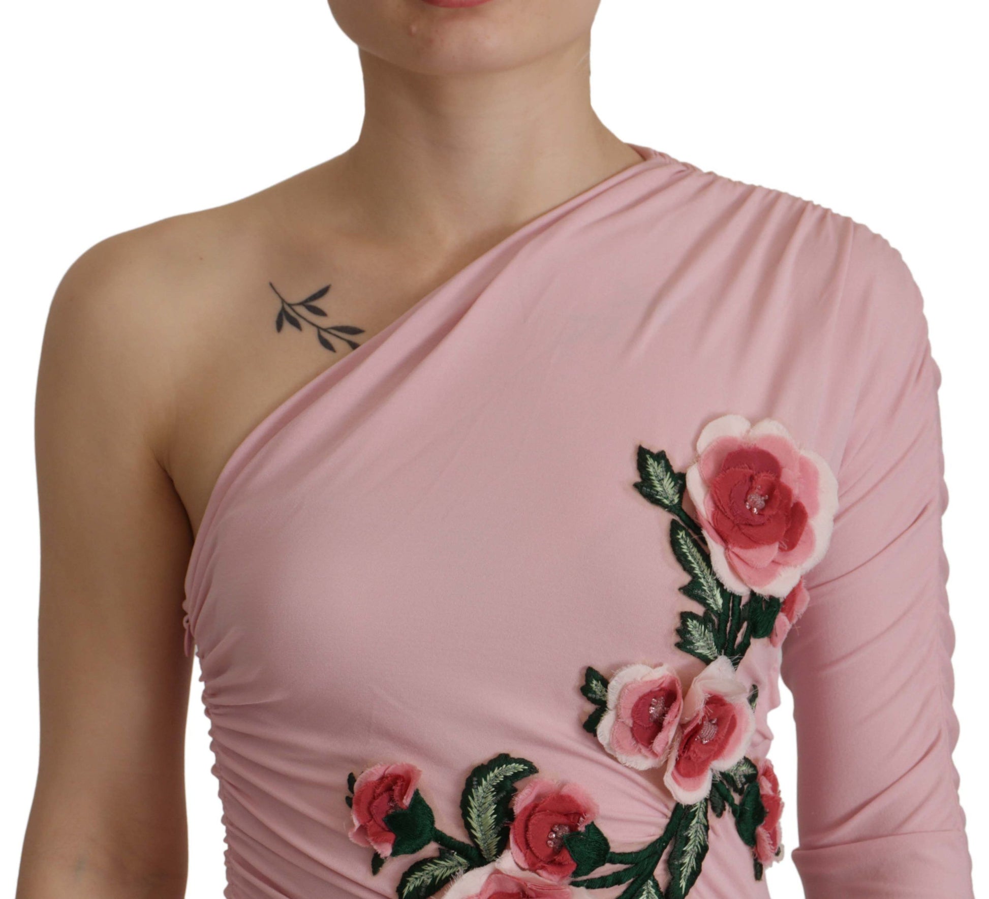 Pink sleeveless dress with floral embroidery on neckline
