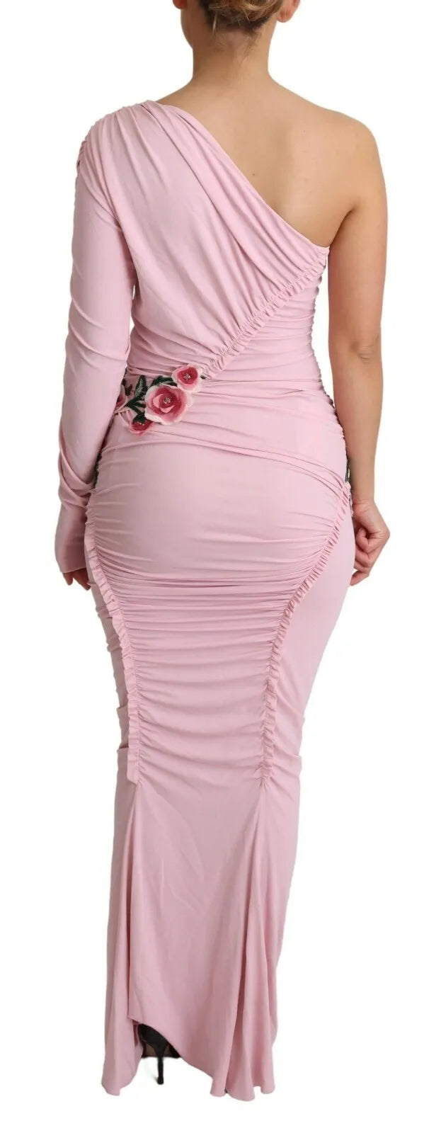 Pink strapless dress with ruched detailing on back
