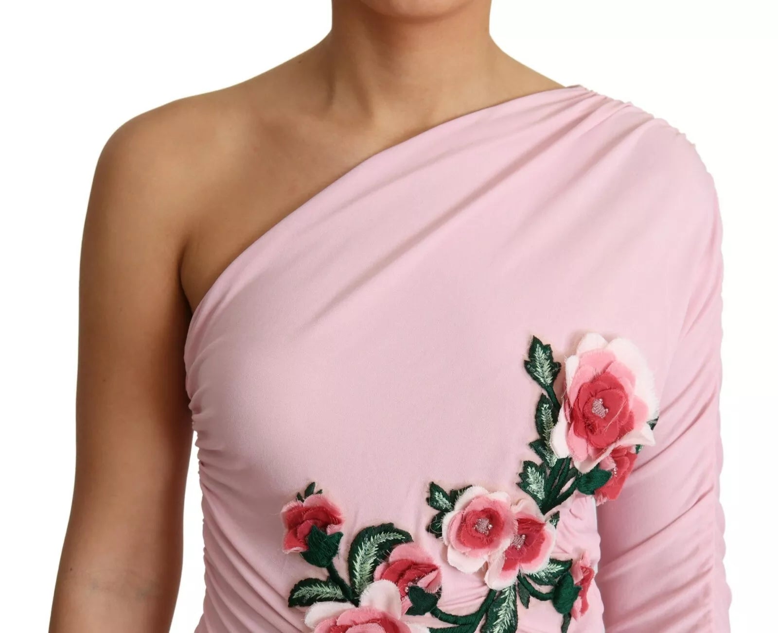 Pink sleeveless dress with floral embroidery on shoulder