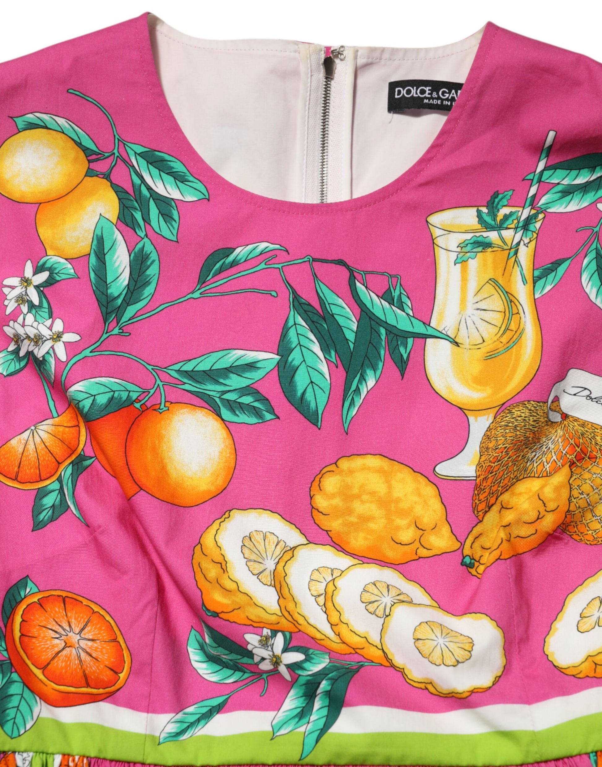 Pink fruit print mini sleeveless dress with a zipper in the front